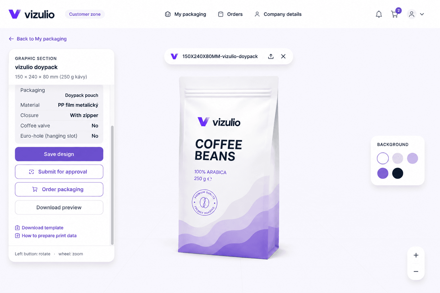 Konfigurátor Vizulio na počítači s 3D náhledem doypack sáčku